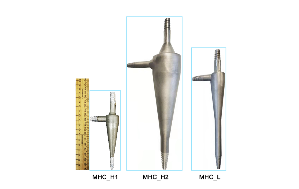 The researchers' 3D printed mini-hydrocyclone protoypes. Image via the Northeast Petroleum University et al. 