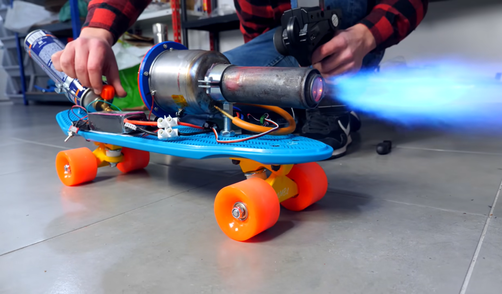 The electric jet engine generated enough thrust to power a skateboard. Photo via Integza.