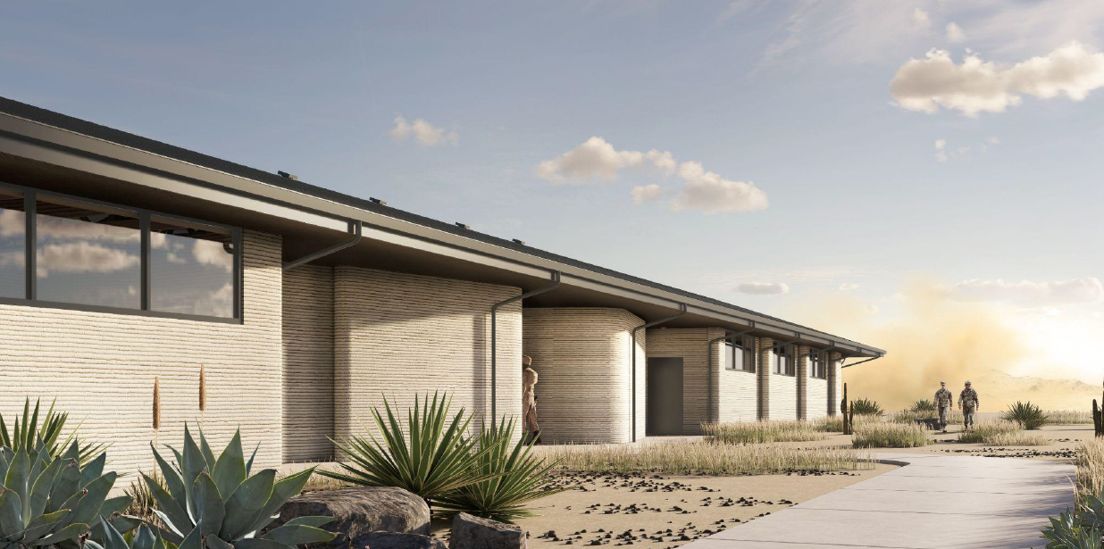 A concept image created by Logan Architecture shows digitally rendered plans for ICON’s 3D-printed barracks in Fort Bliss, Texas. Image via Logan Architecture.