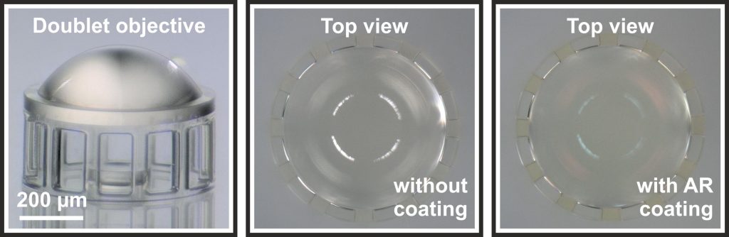 A 3D printed microlens with and without anti-reflective coating.  Image via University of Stuttgart.