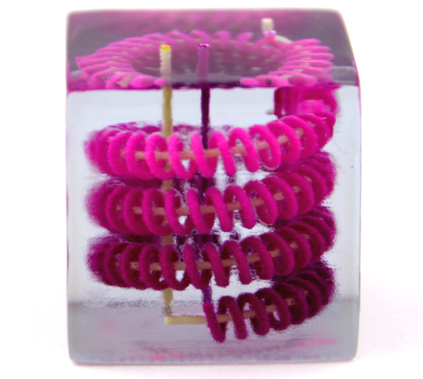 A liquid helical spiral 3D printed in a solid block. Photo via CU Boulder.