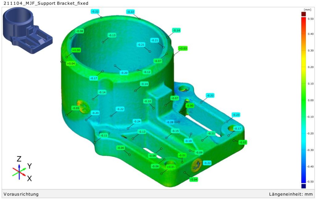 A point cloud analysis of a support bracket 3D printed via MJF. Image by 3D Printing Industry.