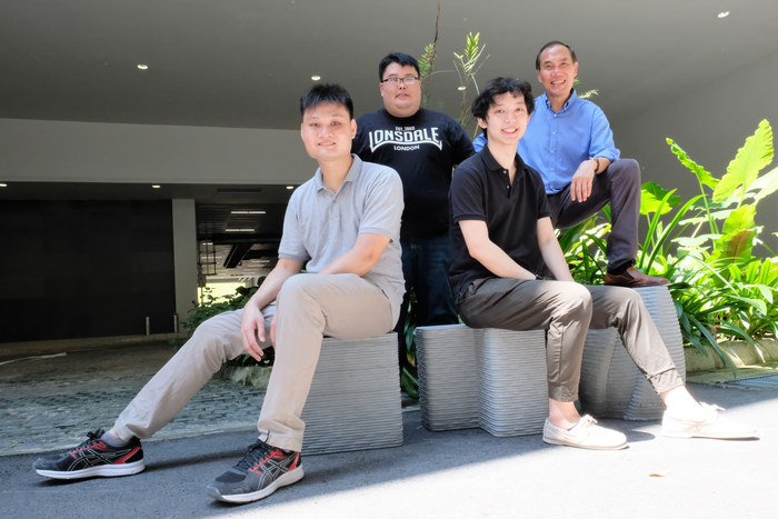 Members of the NTU research team include (L-R, standing) Lim Jian Hui, Prof Tan Ming Jen, (L-R, sitting) Andrew Ting, and Noel Tan. Photo via NTU Singapore.