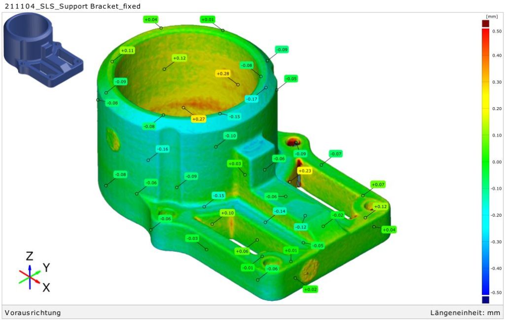 A point cloud analysis of a support bracket 3D printed via SLS. Image by 3D Printing Industry.