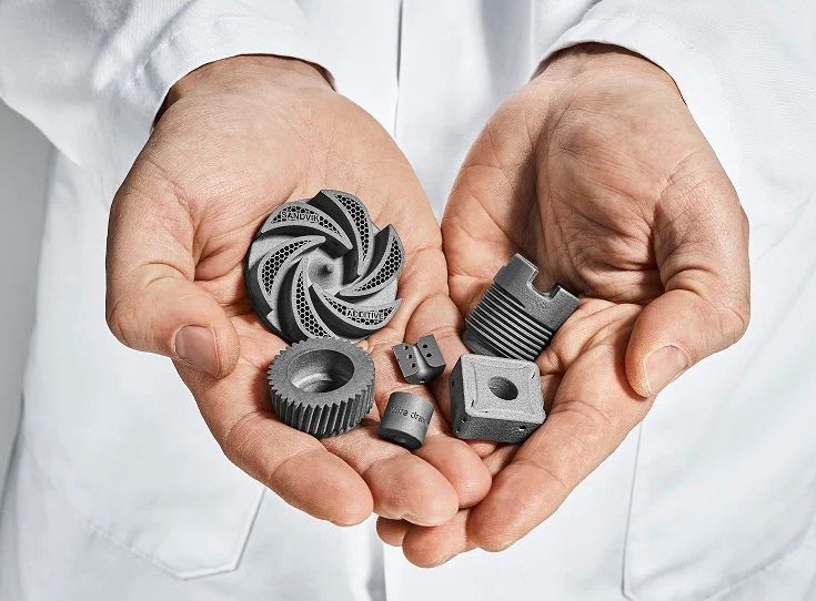 A handful of parts 3D printed from Sandvik's cemented carbide. 