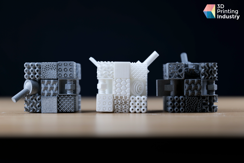 3D printed torture cubes - MJF (left), SLS (mid), HSS (right). Photo by 3D Printing Industry.