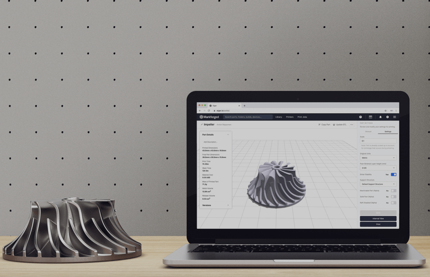 Markforged's Eiger 3D printing software and a part it was used to produce.