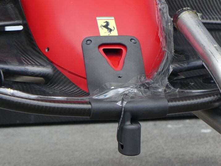 A 3D printed sensor mount attached to the front of the 2022 Scuderia Ferrari Formula 1 car. Photo via Andrew Cunningham.  