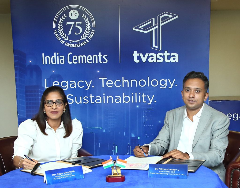 India Cements' Rupa Gurunath and Tvasta's Vidyashankar signing the firms' MoU in Chennai. Photo via India Cements. 