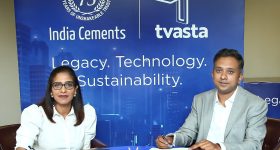 India Cements' Rupa Gurunath and Tvasta's Vidyashankar signing the firms' MoU in Chennai. Photo via India Cements.