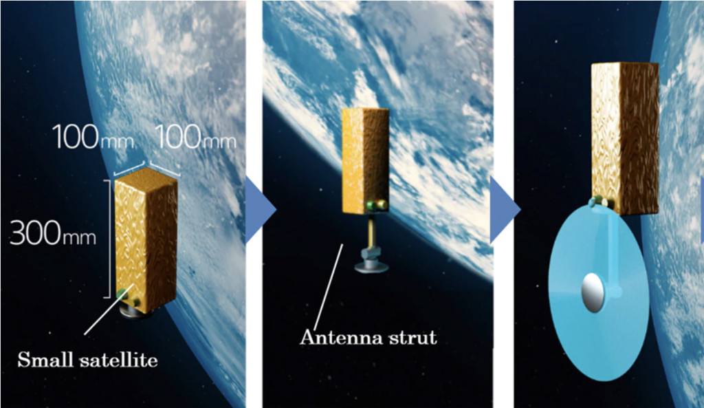 Un rendu illustrant à quoi pourrait ressembler une antenne satellite imprimée en 3D en orbite.  Image via Mitsubishi Electric. 