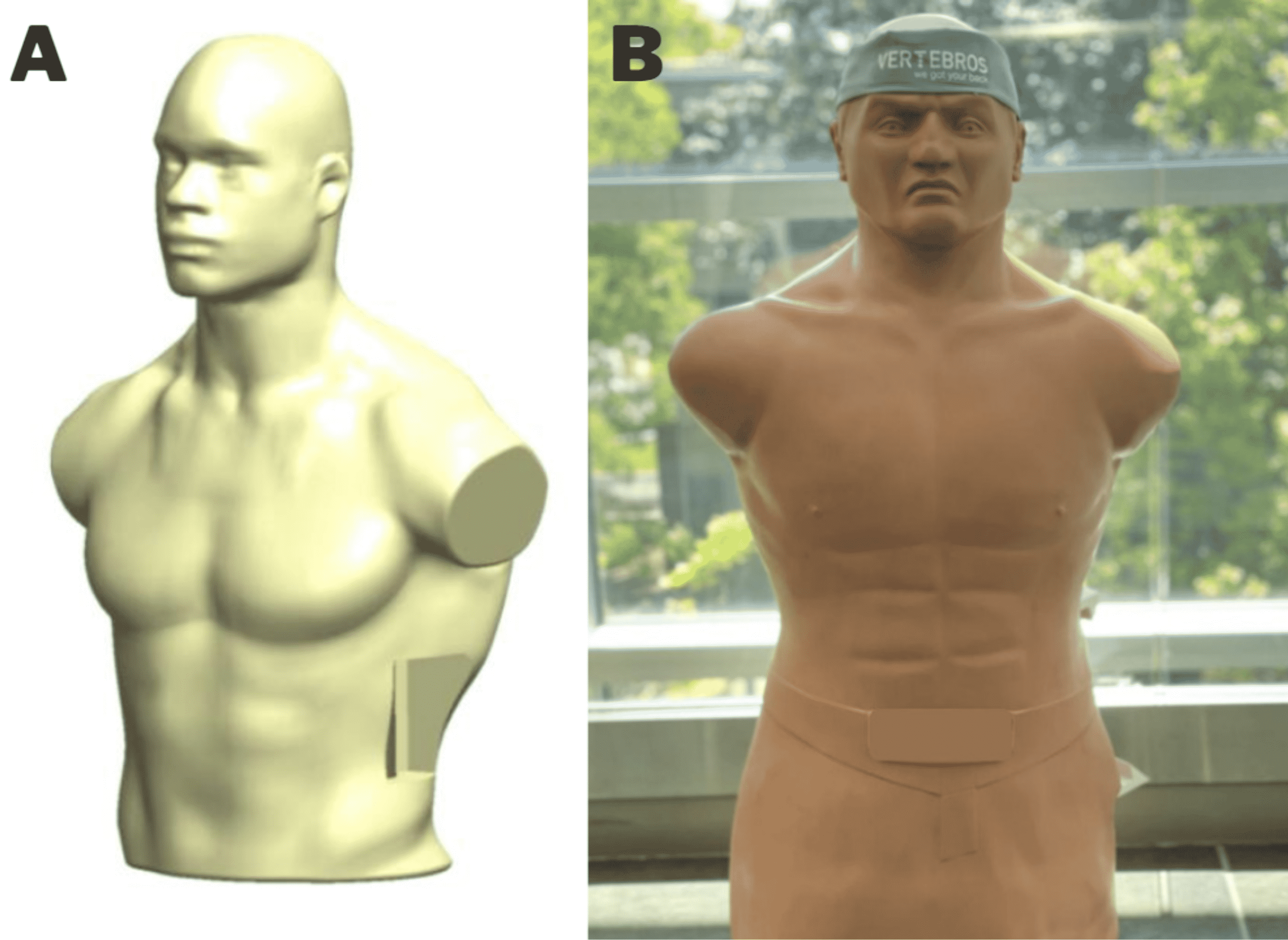 Le rendu CAO (à gauche) et le simulateur chirurgical LATM de preuve de concept (à droite).  Image via Cureus.