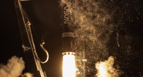 The Electron rocket taking off with the CAPSTONE satellite. Photo via Rocket Lab.