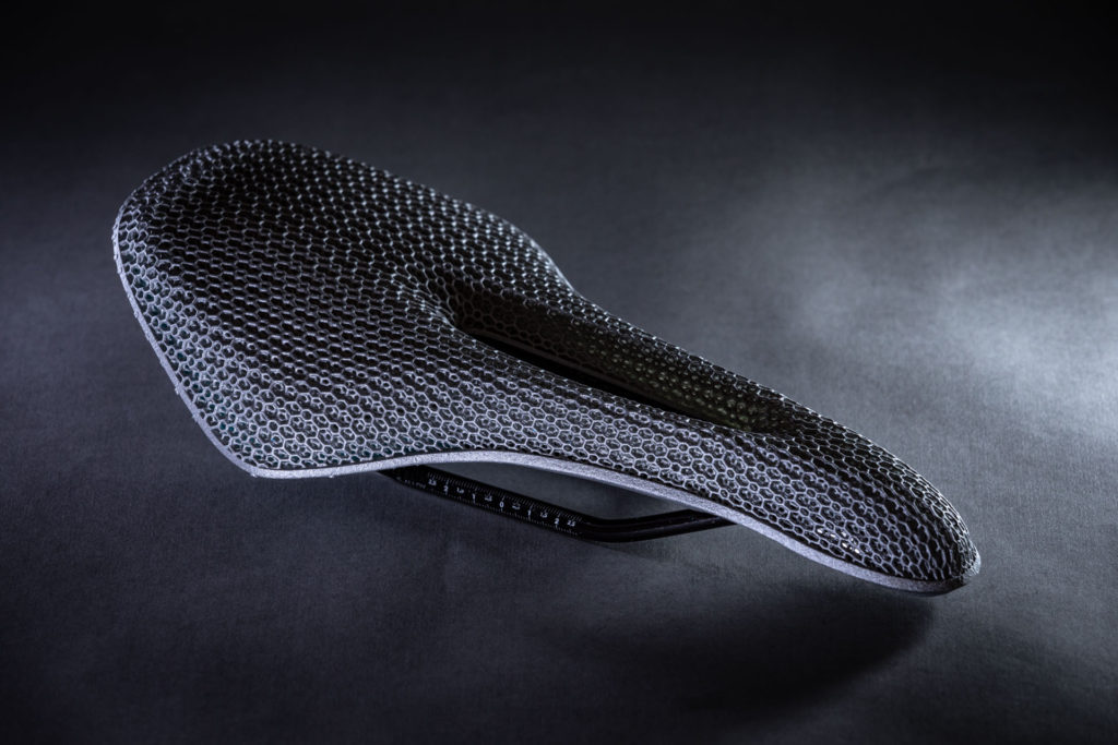 A 3D printed bicycle saddle designed in Hyperganic Core 2. Photo via Hyperganic.