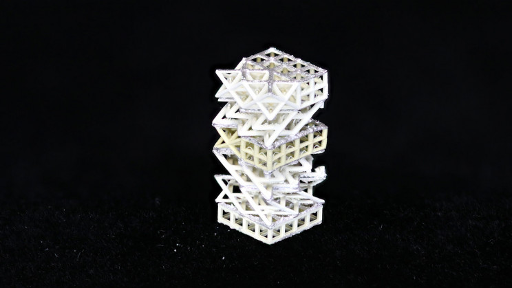 A 3D printed lattice of piezoelectric metamaterials. Photo via UCLA.