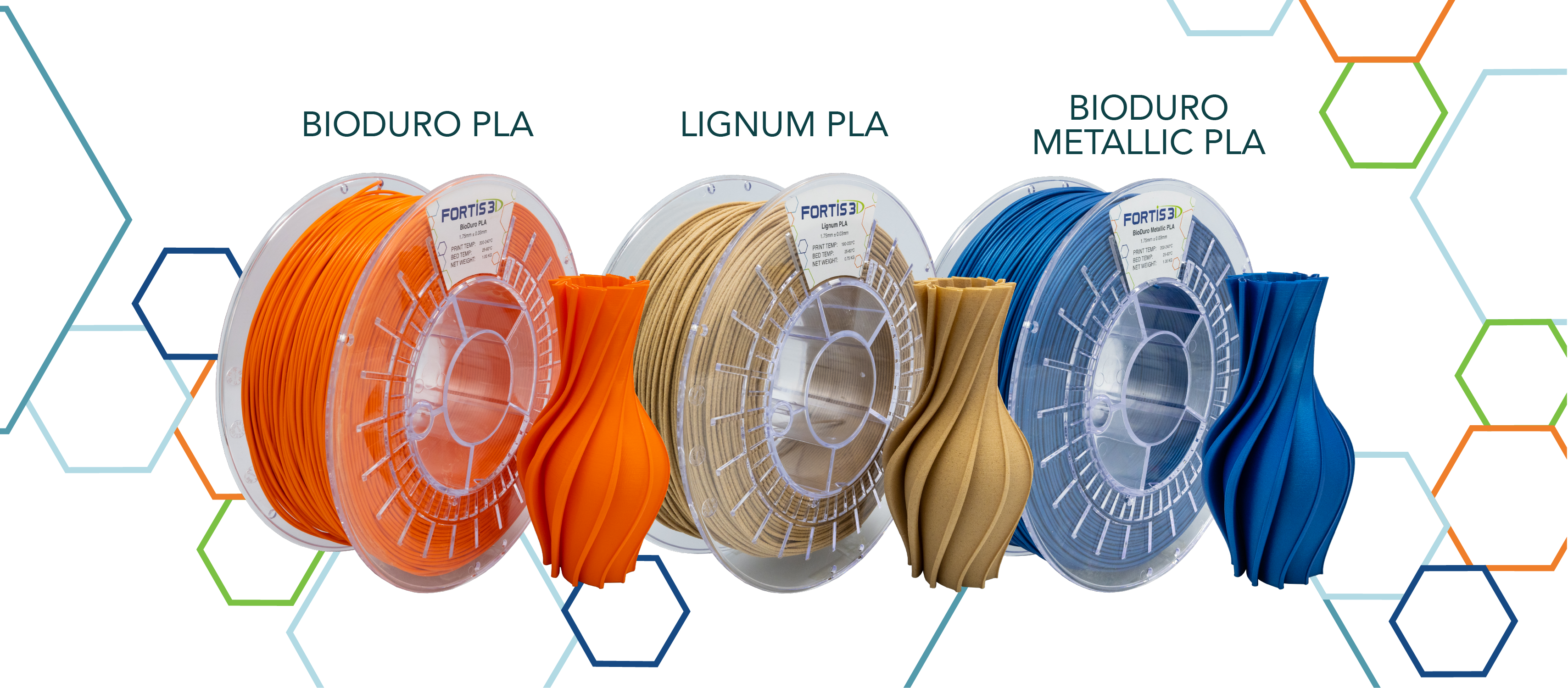 Fortis3D's BioDuro PLA, Lignum PLA and BioDuro Metallic PLA filaments. Image via Fortis3D.