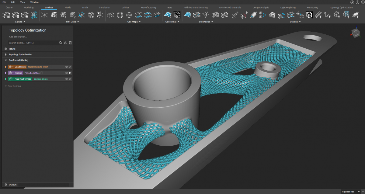 This surface lattice acts as a stiffening rib grid on this topology optimized body to further increase its strength without adding extra weight. Image via nTopology.