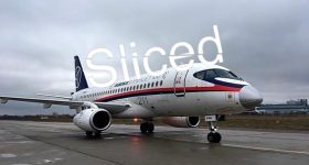 The Sliced logo on the Sukhoi Superjet 100 aircraft. Photo via Russian Aviation Insider.
