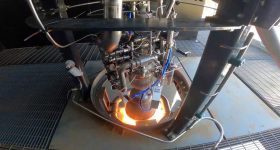 The 3D printed engine during the 70kN test. Photo via Skyrora.