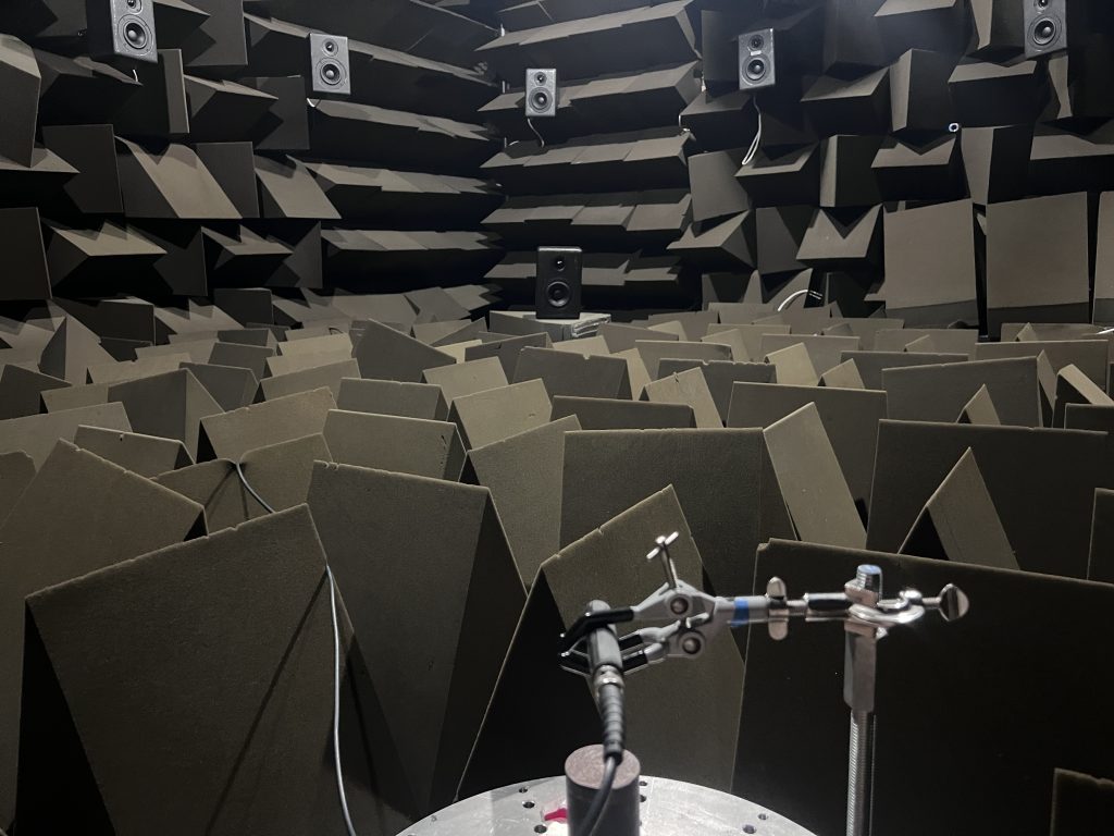 The 3D printed microphone being tested in the semi-anechoic chamber. Photo via Peter Riccardi.