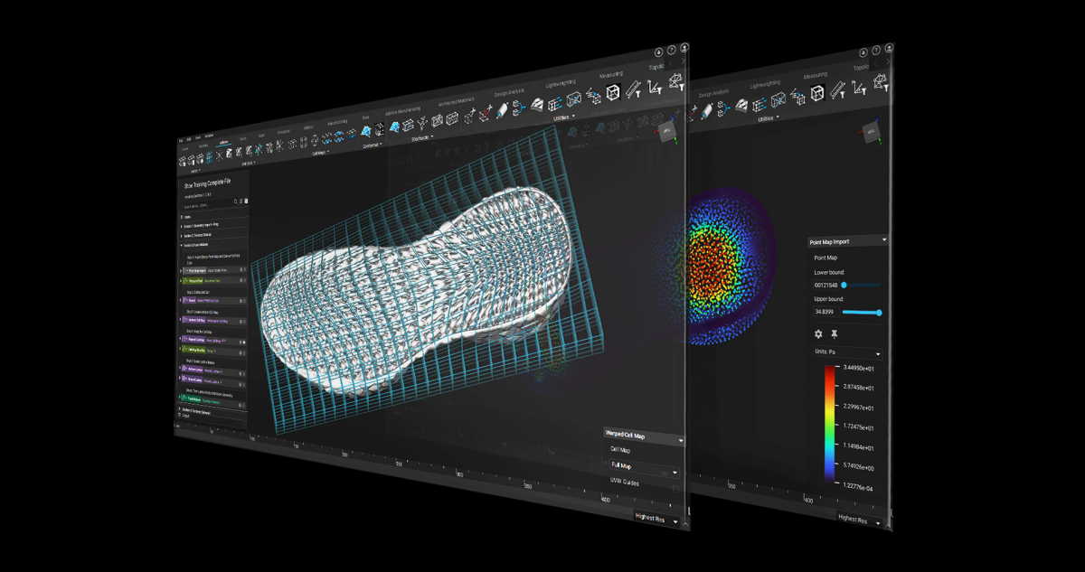 A pressure map controls the cell size of this cell map. The result is a shoe shole that is stiffer in areas that need more support. Image via nTopology.