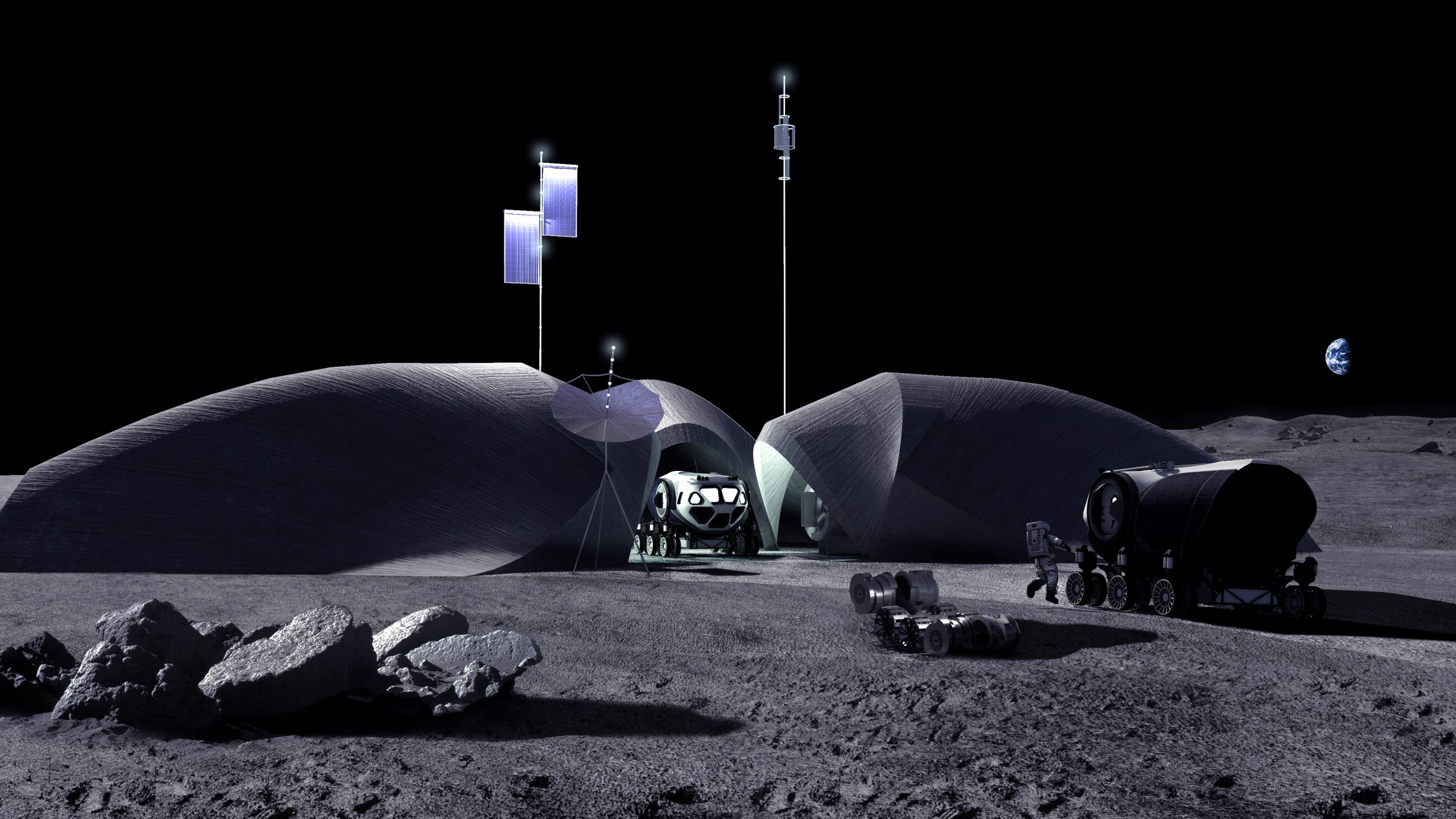 A view of the 3D printed LINA lunar outpost.  Image via AI SpaceFactory.