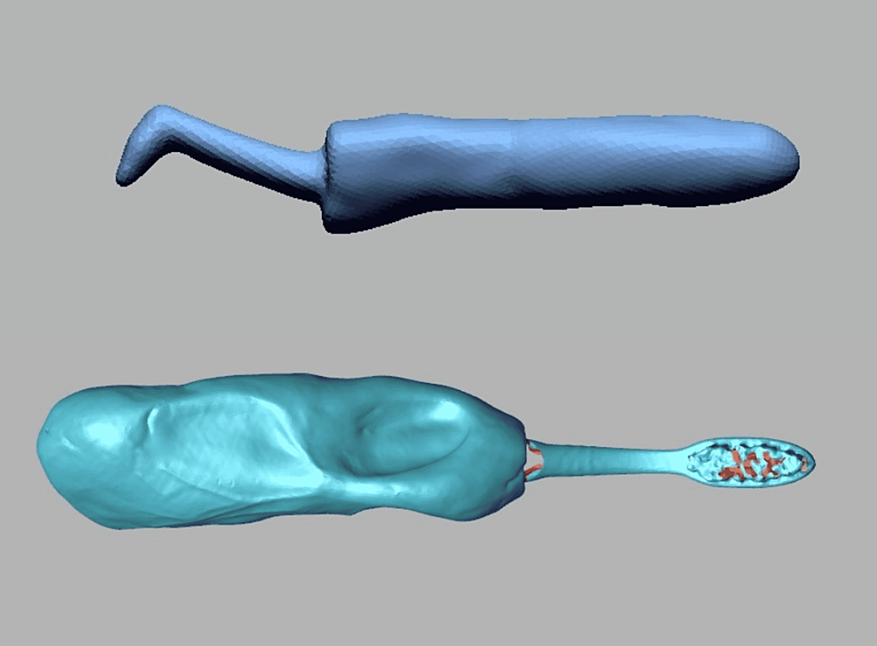 Modèles 3D de la brosse à dents imprimée en 3D et du porte-brosse interproximal de l'équipe.  Image via le MRN Dental College and Hospital.