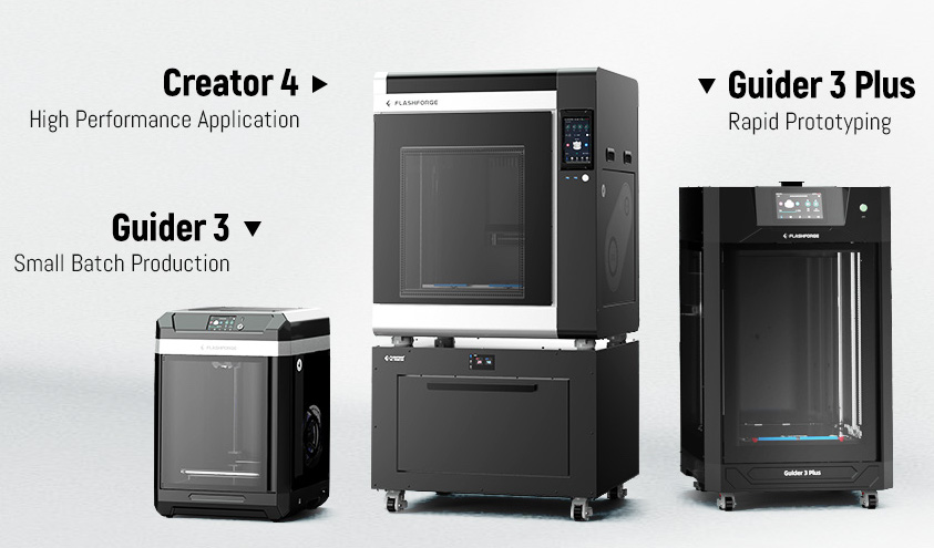 The Flashforge Guider 3, Guider 3 Plus and Creator 4 3D printers. Image via Creality. 