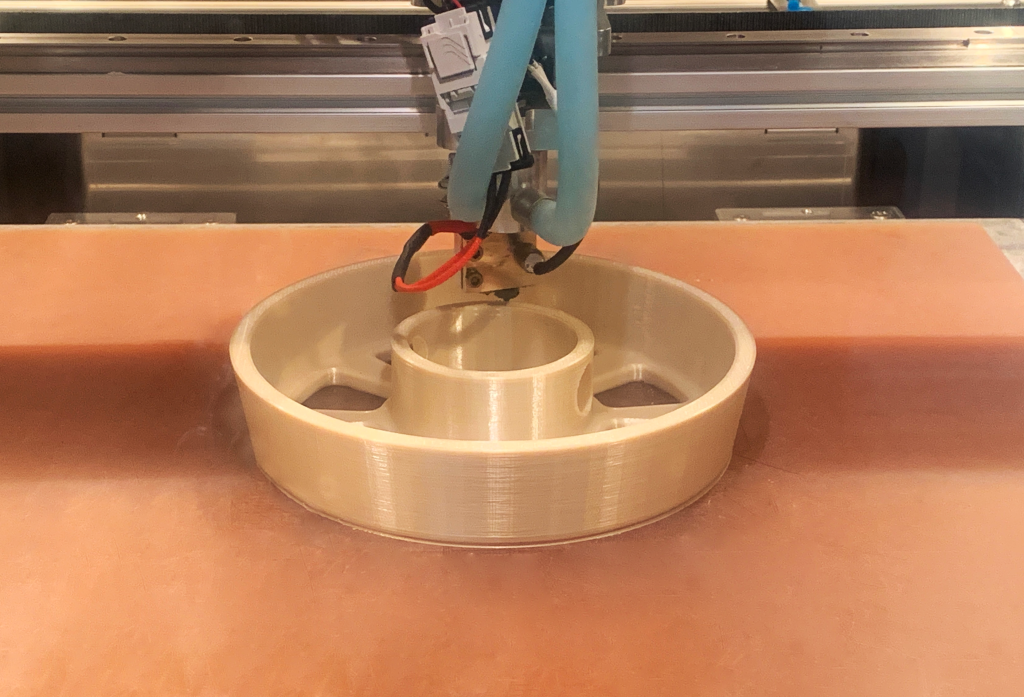 The CSA's centrifuge being 3D printed from ULTEM 9085 on an AON3D M2+ system. Photo via AON3D. 