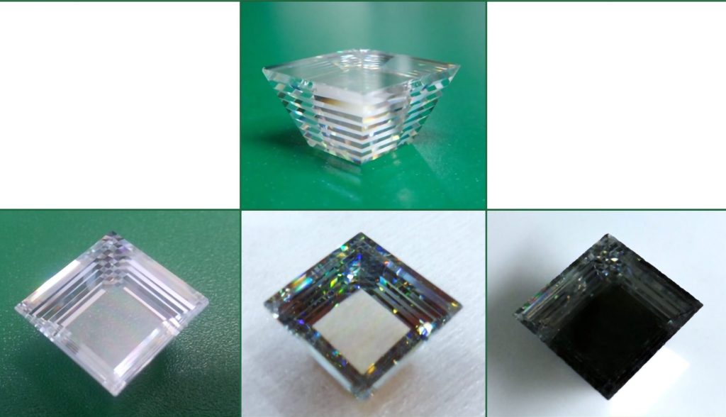 The different stages of manufacturing a graded pointer glass pyramid: Upon optical contact with a solar cell, the pyramid absorbs in the last step (lower right corner) and concentrates most of the incident light and appears opaque.  Image via Nina Vidya.