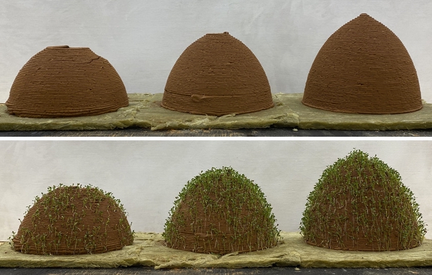Domes 3D printed from the team's soil-based materials. Photo via the UVA. 