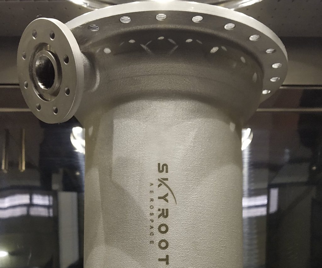 La partie supérieure du moteur de fusée Dhawan-1 imprimé en 3D de Skyroot Aerospace.  Photo via Skyroot Aerospace. 