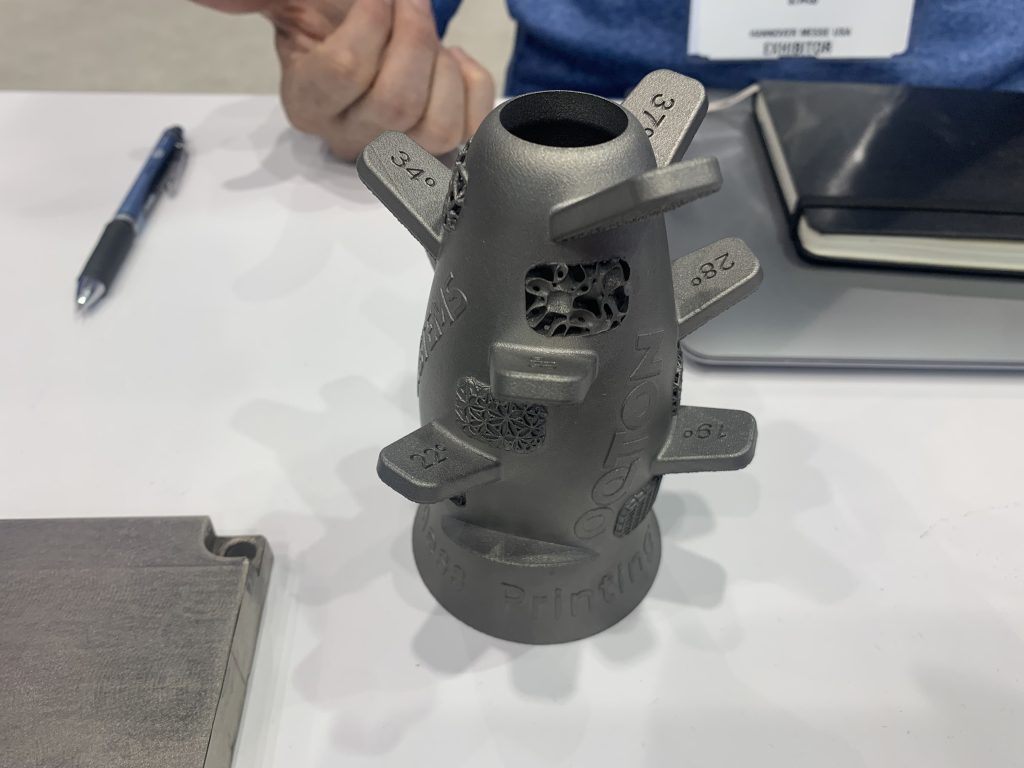 A demo part designed to indicate the complex support-free overhangs made possible by Oqton's software. Photo by Paul Hanaphy.