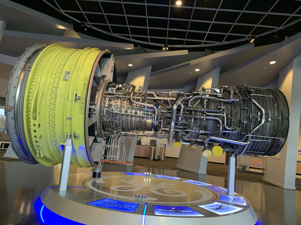 A GE-CF6-50 engine in the lobby of GE's ATC. Photo by Paul Hanaphy.