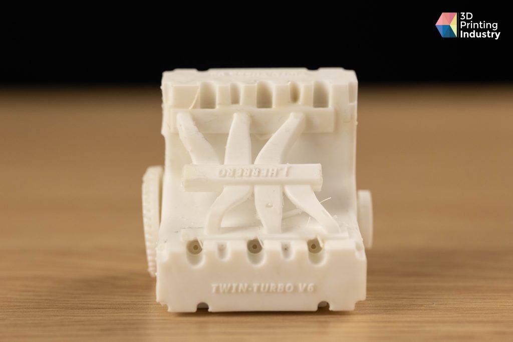 Anycubic Photon D2 3D Printed twin turbo V6. Photo by 3D Printing Industry.