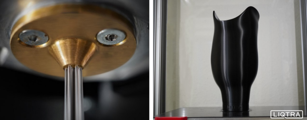 LIQTRA FX-7 multi-nozzle print head (left) utilizing seven filaments to 3D print prostheses (right). Image via Liqtra.