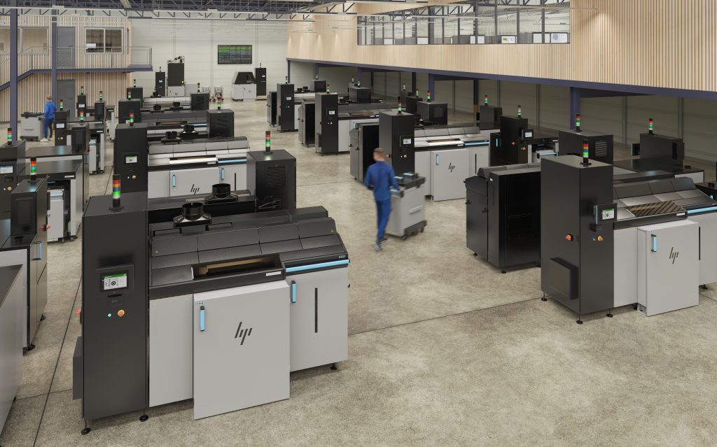 A fleet of metal 3D printers on production floor – HP Metal Jet S100. Photo via HP. 