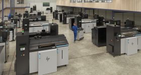 A fleet of metal 3D printers on production floor – HP Metal Jet S100. Photo via HP.