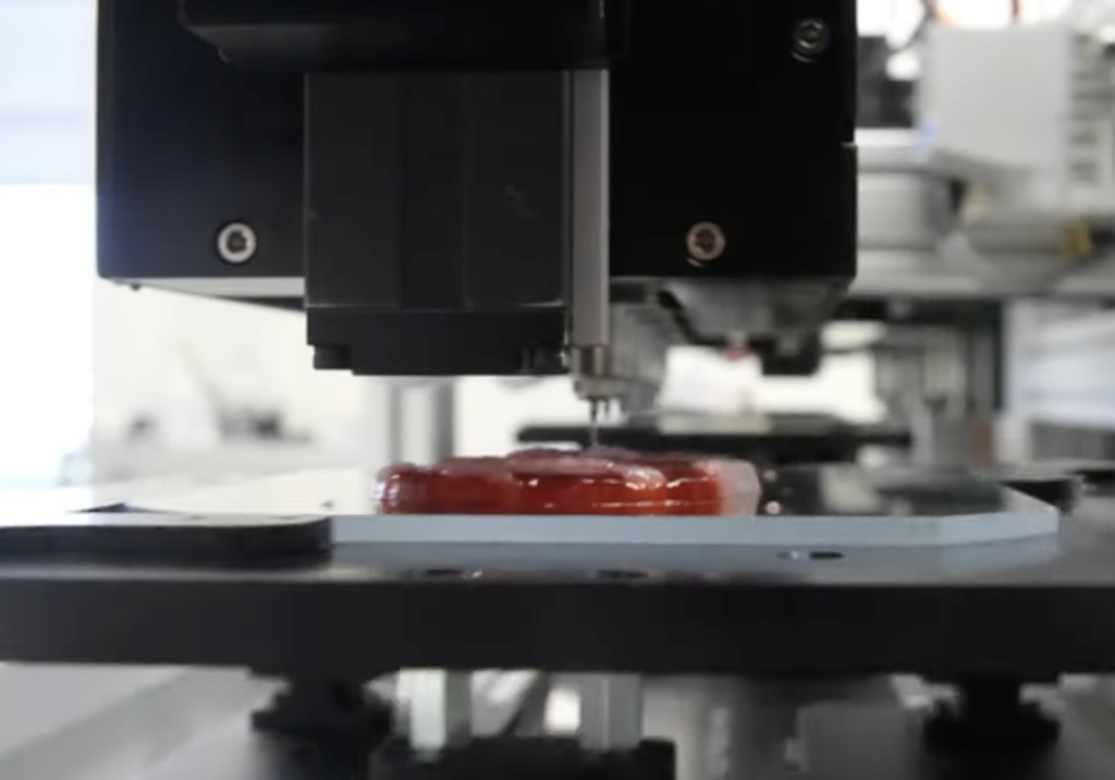 A meat substitute being produced using Steakholder's 3D bioprinting process. Photo via Steakholder. 