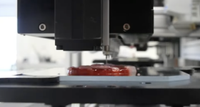 A meat substitute being produced using Steakholder's 3D bioprinting process. Photo via Steakholder.