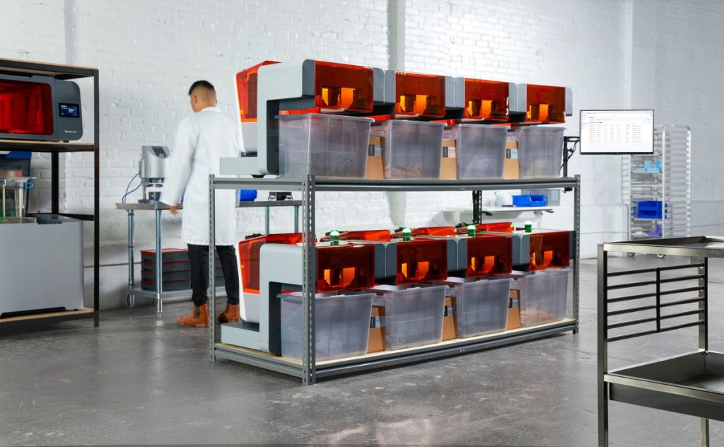 A Formlabs print farm equipped with its new Automation Ecosystem products. Photo via Formlabs.