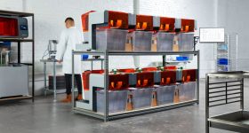 A Formlabs print farm equipped with its new Automation Ecosystem products. Photo via Formlabs.