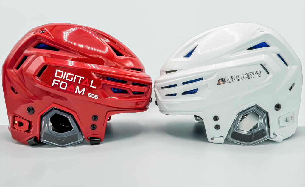 Image shows Bauer REAKT helmets, which include personalized 3D printed foam inserts. Image via EOS North America.