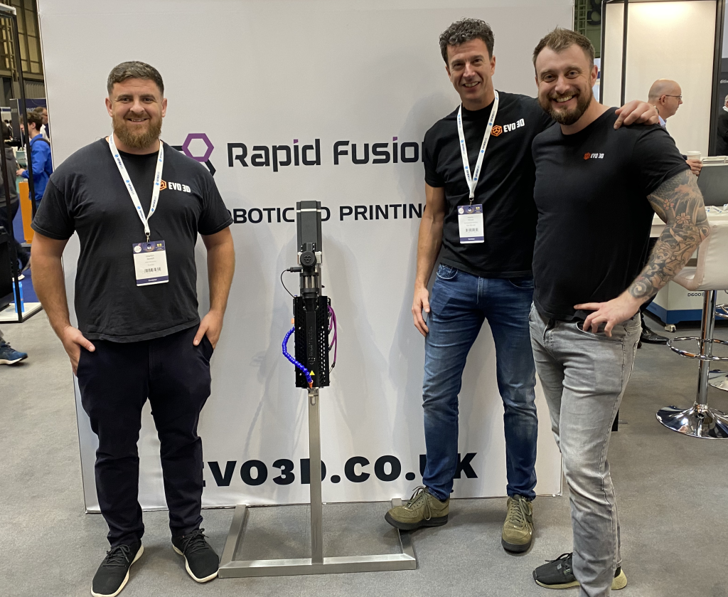 Evo3D’s R&D Director Martin Jewell, Operations Director Martin Wood, and Marketing Director Jake Hand with the new Rapid Fusion PE 320. Photo by 3D Printing Industry