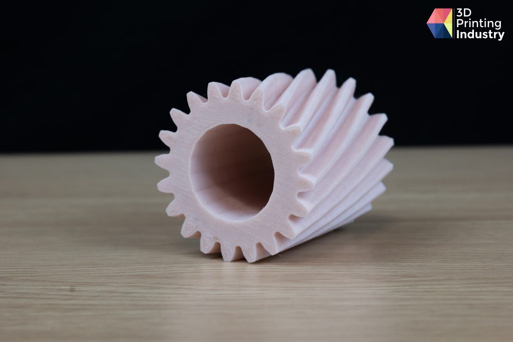 Guider 3 Plus 3D printed helical gear. Photo by 3D Printing Industry.