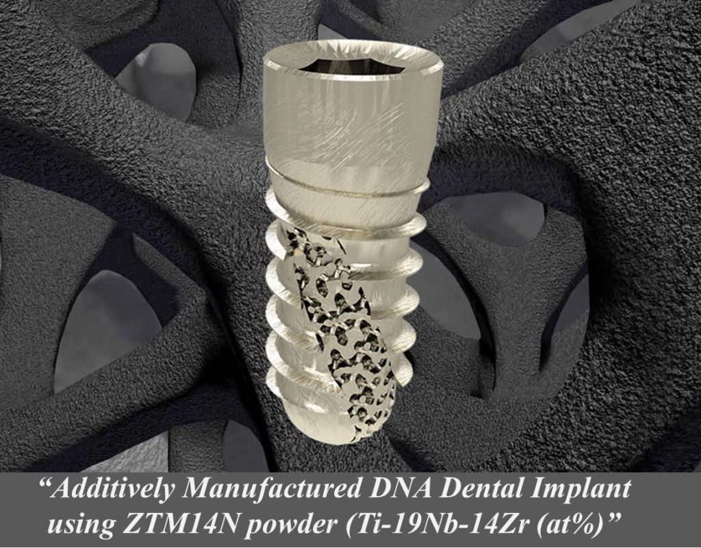 DNA dental implant 3D printed using ZTM14N powder. Image via 6K Additive