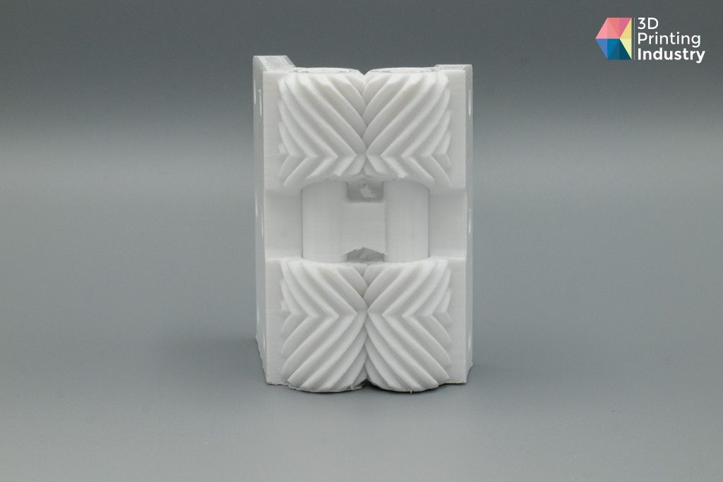 Ender-5 S1 Polycarbonate print in place gear hinge closed. Photo by 3D Printing Industry.