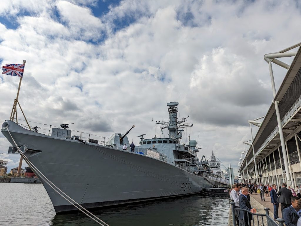 HMS Iron Duke a Type 23 frigate of the Royal Navy at DSEI 2023. Photo by Michael Petch.