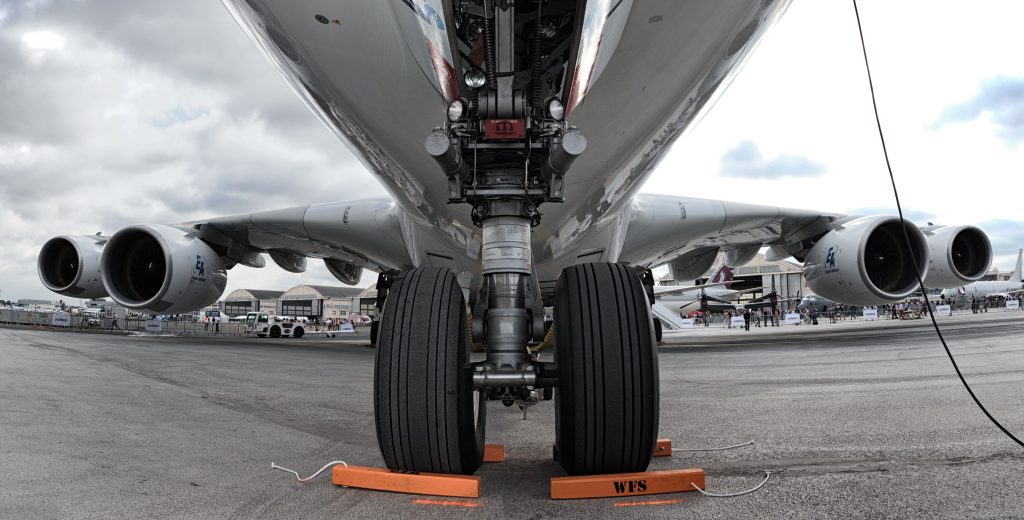 Nose landing gear on an Airbus A380 passenger plane. Photo via 4CM