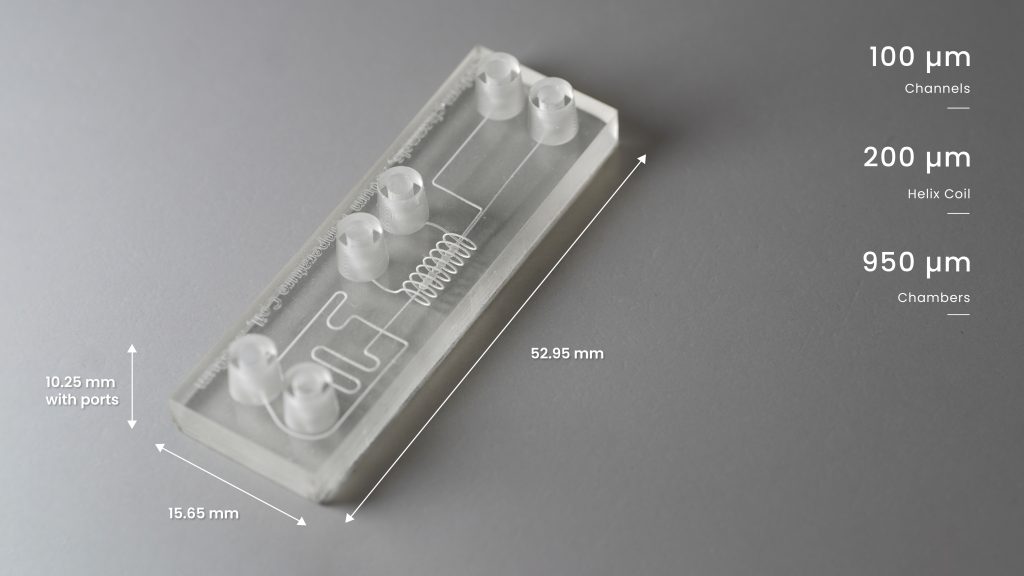 Figure D. Clear Microfluidic Device featuring 100µm channels and a 200µm helix coil that surrounds a series of chambers. Printed on the ProFluidics 285D. Image via CADworks3D.